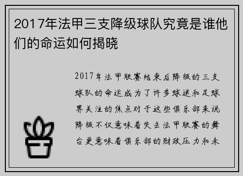 2017年法甲三支降级球队究竟是谁他们的命运如何揭晓